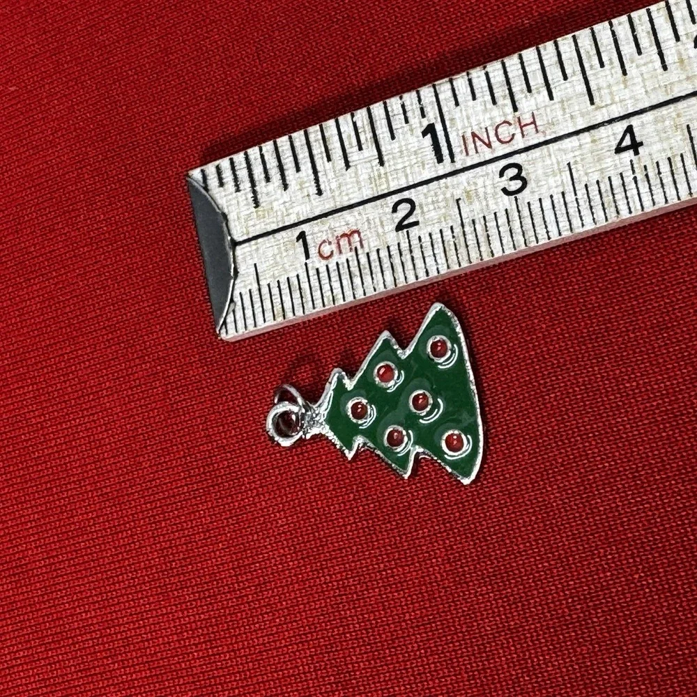 Silver tone Green‎ Christmas Tree Charm With Red Ornaments